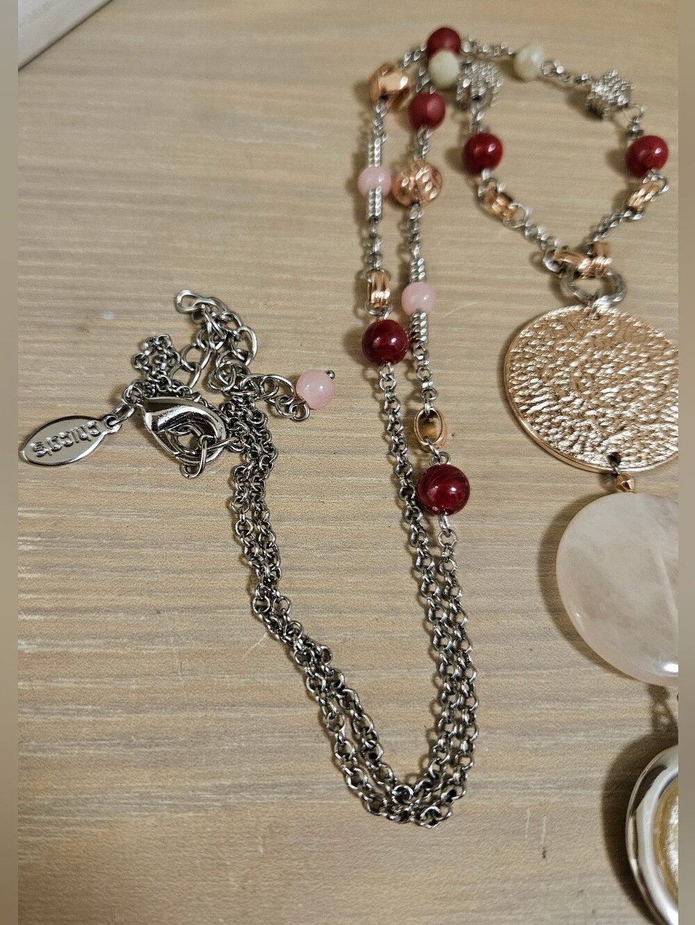CHICO'S MEDALLION SILVER-TONE ROSE GOLD GLASS BEADS  BOHEMIAN LONG NECKLACE - Picture 9 of 16